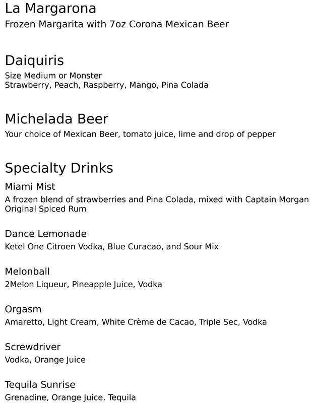 Menu La Fiesta Drink Menu 1